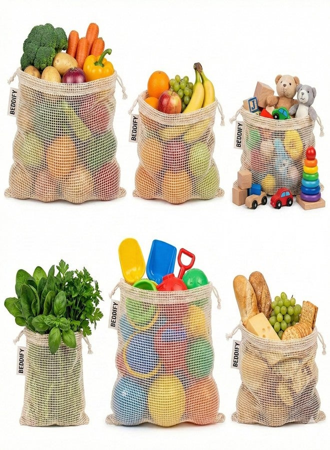 Beddify 100% Cotton Set of 6 Reusable Fridge Storage Bags for Vegetables Fruits Garland and Toys Cotton Net Bags Non-Toxic Eco-Friendly Dual Support Pull String Pouch - Image 1
